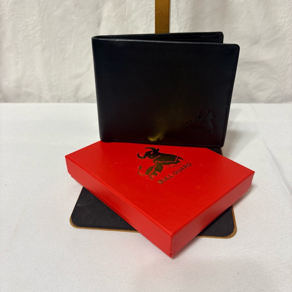 Black genuine Nappa leather Bull Guard bifold wallet with RFID blocking
